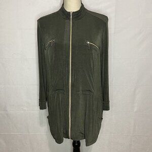 Chicos Travelers Knit Sheen Jacket Size 2 (Large) Green Gold Zippers